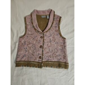 Ivy Vest Dusty Rose Mauve Embroidered Floral Leaf Design Wool Blend Women's M